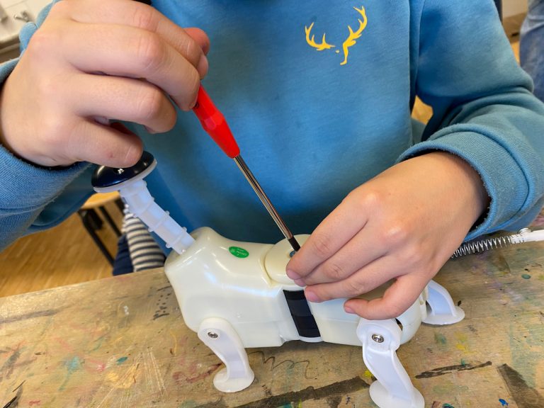 Schüler arbeitet an Spielzeughund